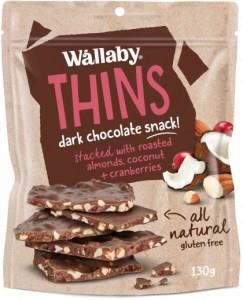 Wallaby Thins Dark Chocolate Snack with Roasted Almonds,Coconut & Cranberries G/F 130g