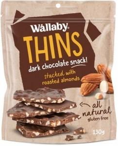 Wallaby Thins Dark Chocolate Snack with Roasted Almonds G/F 130g