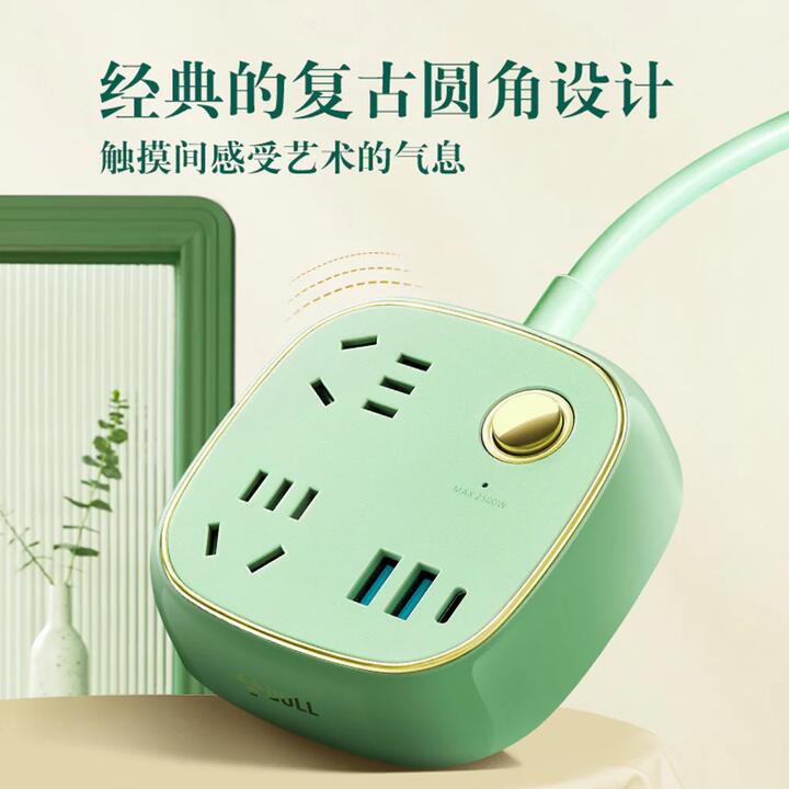Bull 20W Fast Charging Vintage Extension Cord Socket with 3 Plug Points + 2 USB + 1 Type-C, 1.5m Total Control GN-R602KQ in Celadon Green