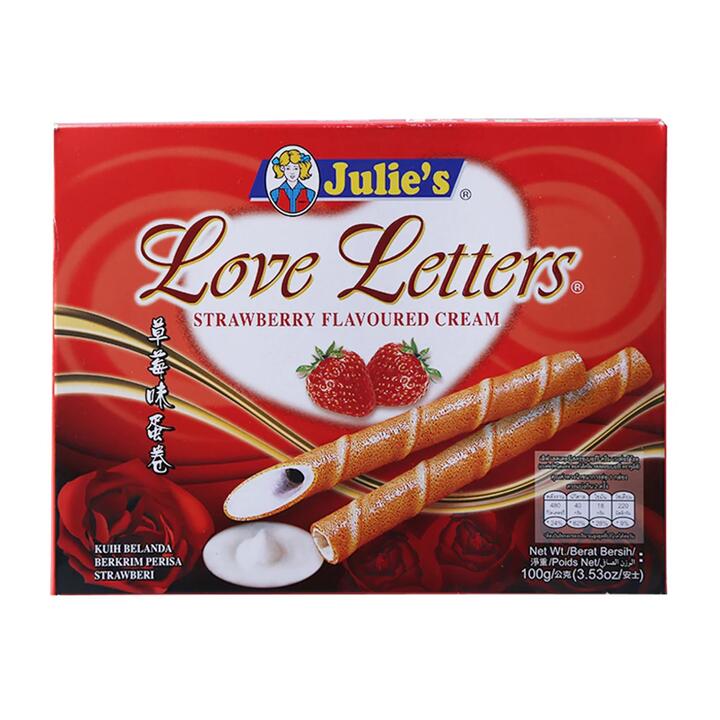 Julie's Love Letters Strawberry Flavoured Cream Wafer Rolls - 100g