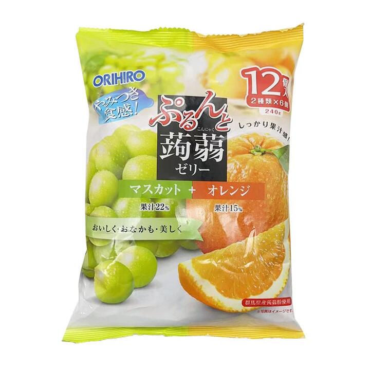 Orihiro Japanese Konjac Jelly - Green Grape & Orange Flavor, 12 Pieces, 240g