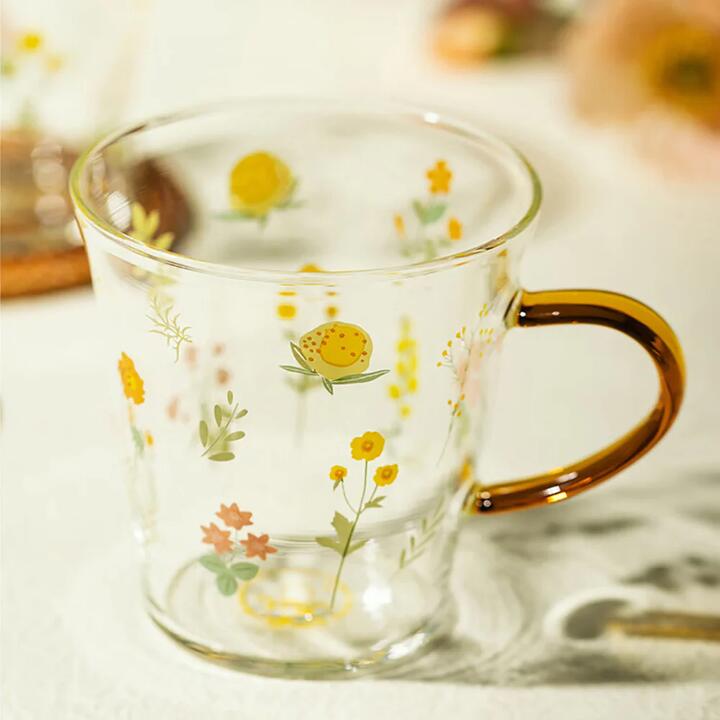 Modern SweetHome Floral Glass Mug with Yellow Handle - 400ml