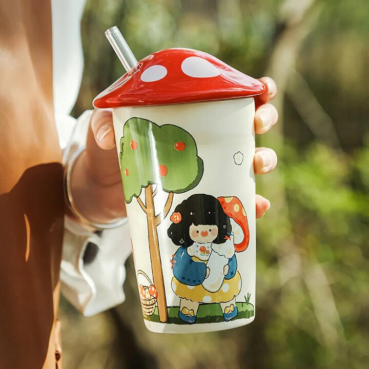 Modern SweetHome Oil Painting Girl Hugging Mushroom Cup - 450ml