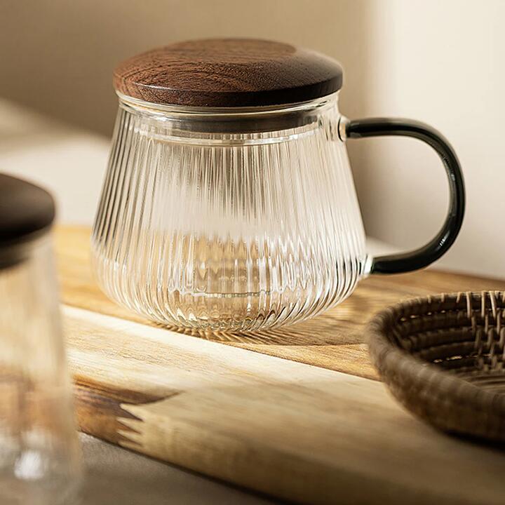Modern SweetHome Garden Vertical Stripe Tea Cup with Walnut Lid - 200ml-400ml