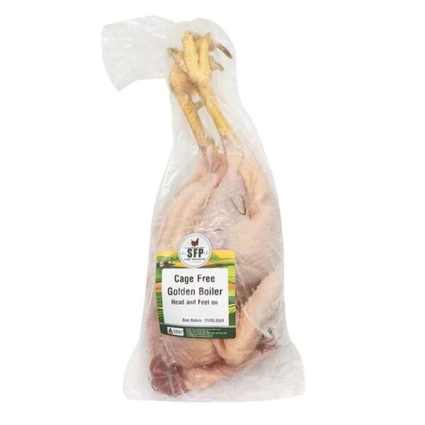 SFP Frozen Cage Free Golden Boiler Chicken with Head and Feet - 1kg+