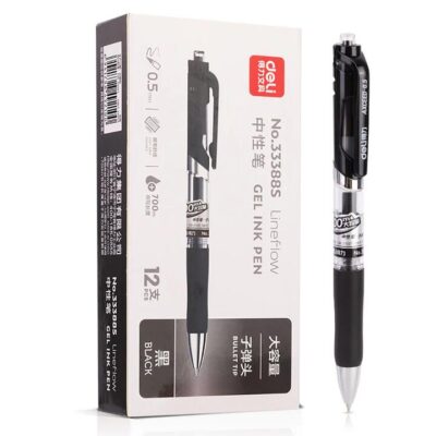 Deli Large Capacity Retractable Gel Ink Pen - 0.5mm Bullet Tip, Black, 12-Pack