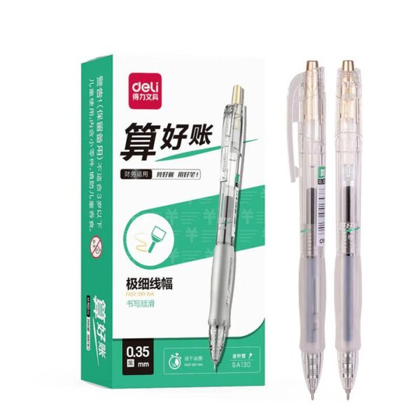 Deli Fast-Dry Financial Gel Pen - 0.35mm Needle Tip, Black, 12-Pack