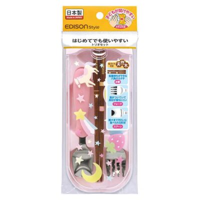 EDISONmama Portable Cutlery Set (Fork, Spoon, Chopsticks) - Pink Fairy Tale Design