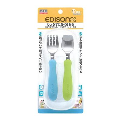 EDISONmama Fork and Spoon Set with Case - Kiwi & Sky Blue