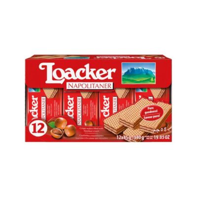 Loacker Napolitaner Hazelnut Wafer Biscuits - Box of 12 (45g each)