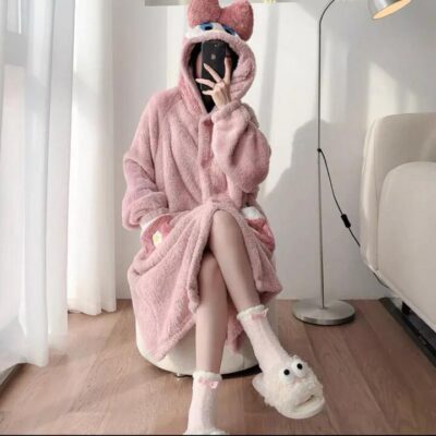 Coral Fleece Hooded Long Nightgown – Donald Duck Inspired, Pink, One Size - Warm Fluffy Sleepwear Robe for Women