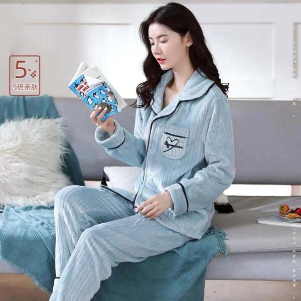 Coral Fleece Warm Pyjama Set – Unisex Two-Piece, Lake Blue, Size XL