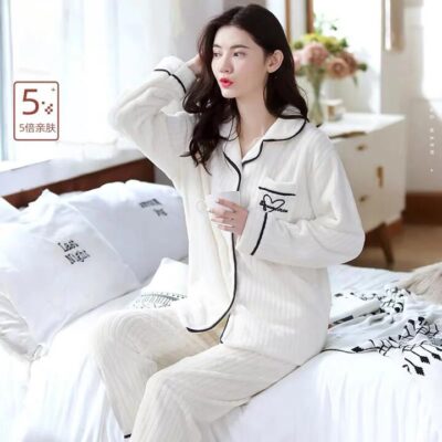 Ultra-Soft Coral Fleece Pajama Set, Unisex 2-Piece Warm Sleepwear – White, XL