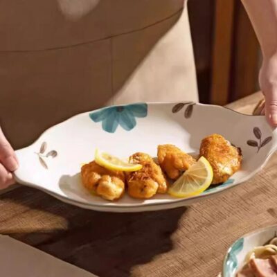 Modern Housewife “Qingyuan” Ceramic Fish Serving Plate with Floral Motif