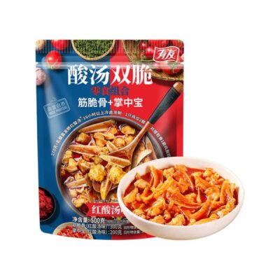 Youyou Sour Soup Double-Crunch Snack Combo – Spicy & Tangy Chicken Tendon Cartilage 300g + Chicken Soft-Bone Bites 200g (Total 500g)