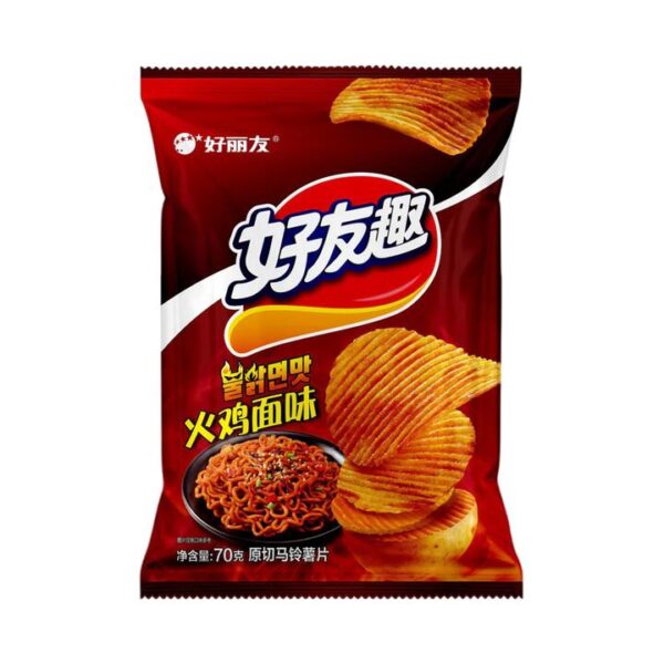 Orion HaoYouQu Ridged Potato Chips – Spicy Hot Chicken Ramen Flavour 70g - Korean Buldak Fire Noodle Heat