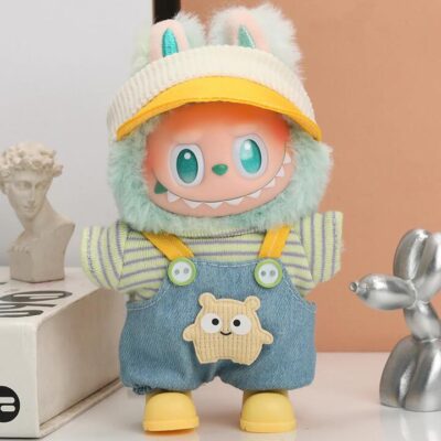 Labubu 17 cm Little Monster Doll Outfit Set – Visor Cap, Striped Tee & Denim Suspender Shorts (Doll, Shoes & Glasses Not Included)