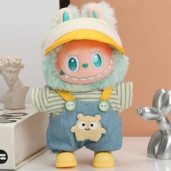 Labubu 17 cm Little Monster Doll Outfit Set – Visor Cap, Striped Tee & Denim Suspender Shorts (Doll, Shoes & Glasses Not Included)