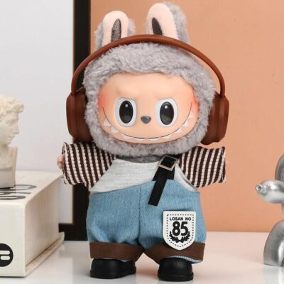 Labubu 17 cm Doll Outfit – Headphones, Striped Top & One-Strap Denim Overalls (No Doll/Shoes/Glasses)