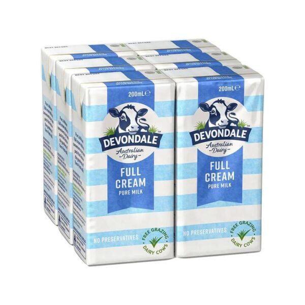 Devondale Full Cream Pure Milk 200ml × 6 Pack – Australian UHT Whole Milk