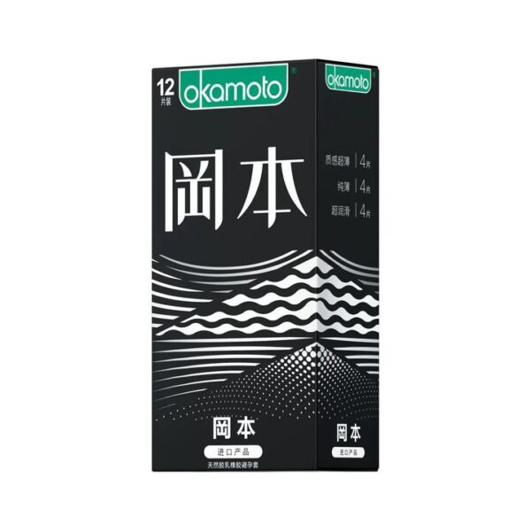 Okamoto SKIN Series Premium 3-in-1 Condom Variety Pack - 12 Count - Ribbed, Ultra Thin & Extra Lubricated