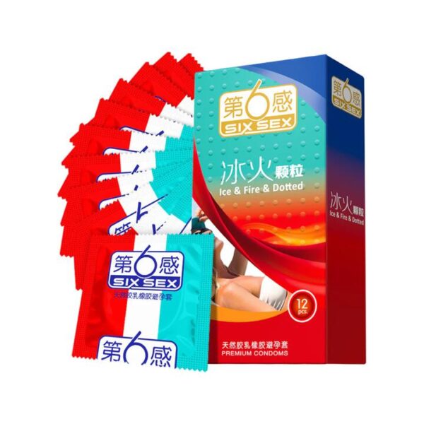 Six Sex Ice & Fire Dotted Condoms - 12 Pack - Warming & Cooling, Textured Dots
