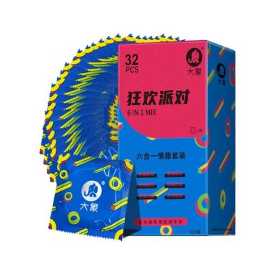 Elephant 6-in-1 Party Mix Condoms – 32 Count, Natural Latex